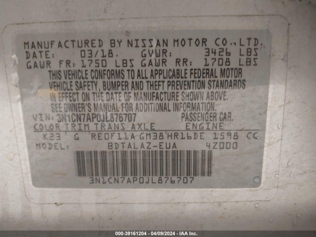 Nissan Versa 1.6 S+ 2018 3N1CN7AP0JL876707 Image 9
