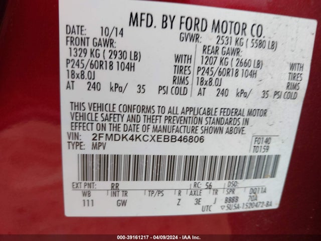 Ford Edge Limited 2014 2FMDK4KCXEBB46806 Image 9
