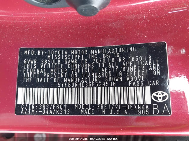 Toyota COROLLA LE 2016 5YFBURHE3GP539536 Image 9