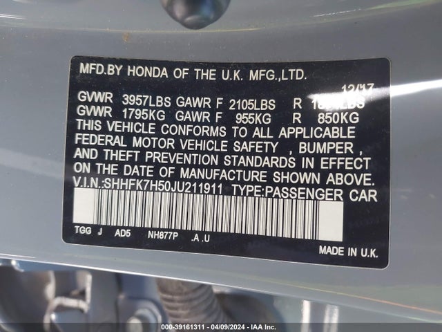 Honda CIVIC EX 2018 SHHFK7H50JU211911 Image 9