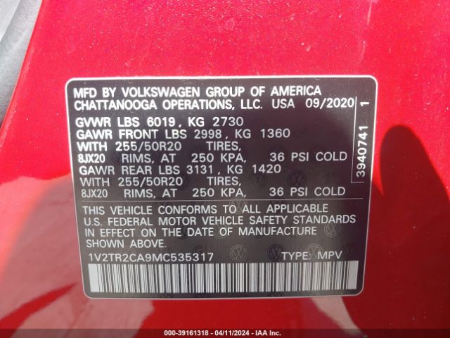 1V2TR2CA9MC535317 Volkswagen Atlas 3.6l V6 Sel Premium