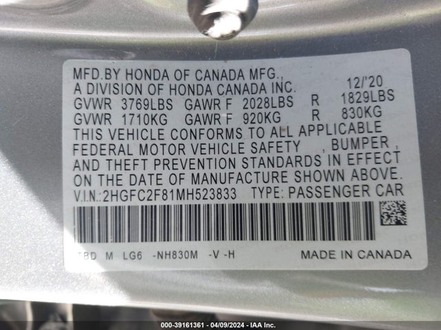 Honda Civic Sport 2021 2HGFC2F81MH523833 Image 9