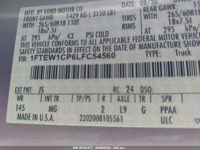 1FTEW1CP6LFC54560 Ford F-150 Xlt