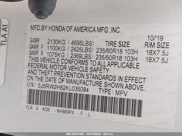Honda Cr-v Ex-l 2019 5J6RW2H82KL036084 Image 9