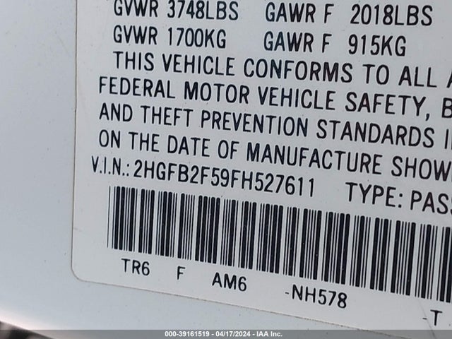 Honda Civic Lx 2015 2HGFB2F59FH527611 Image 9