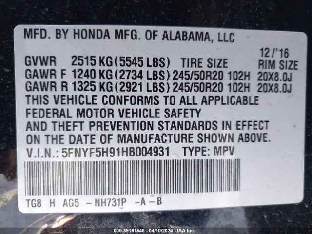 Honda Pilot Touring 2017 5FNYF5H91HB004931 Image 9
