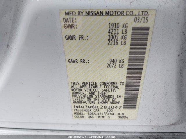 Nissan Altima 2.5 Sv 2015 1N4AL3AP6FC281047 Image 9