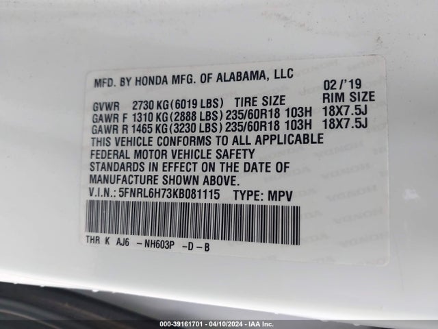 Honda Odyssey Ex-l 2019 5FNRL6H73KB081115 Image 9