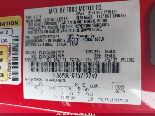 1FA6P8CFXH5252749 Ford MUSTANG GT