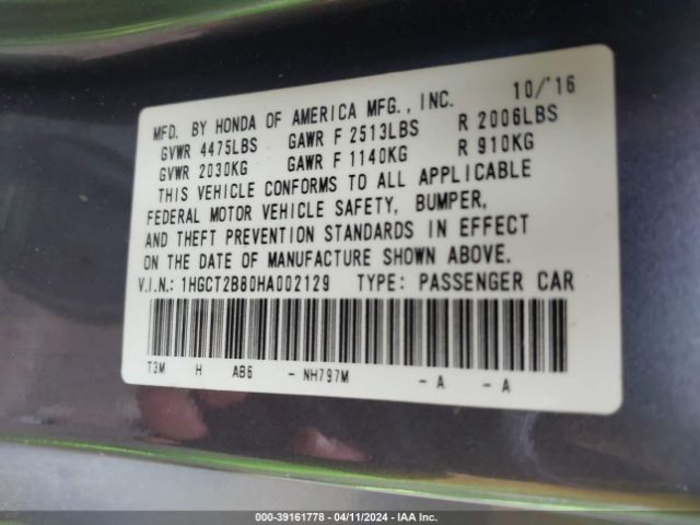 1HGCT2B80HA002129 Honda Accord Ex-l V6