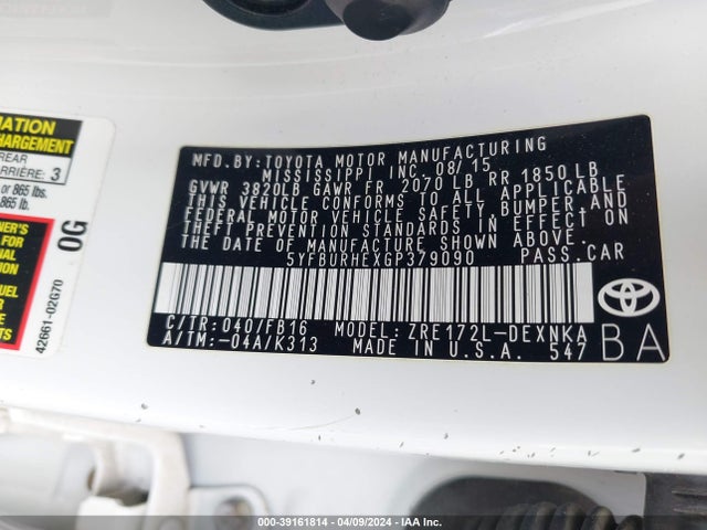 Toyota Corolla Le Plus 2016 5YFBURHEXGP379090 Image 9