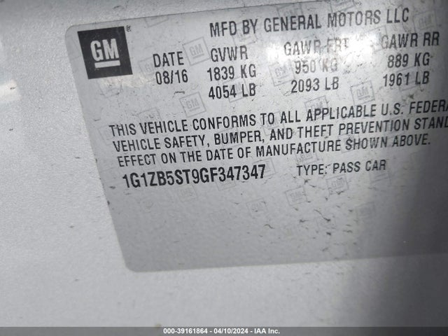 Chevrolet MALIBU LS 2016 1G1ZB5ST9GF347347 Image 9