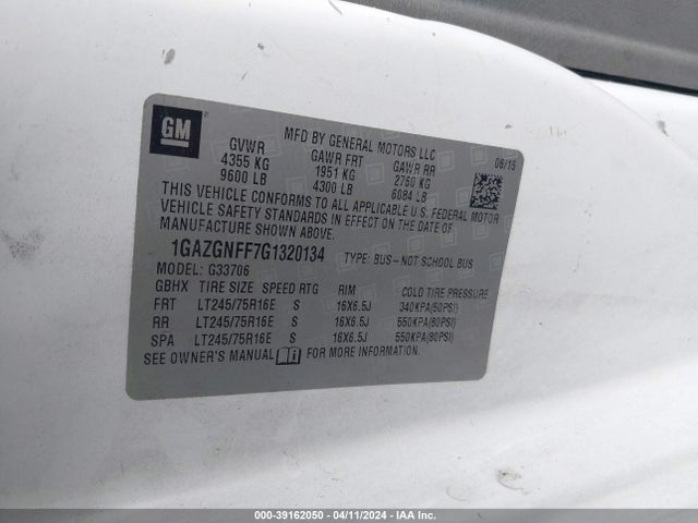 Chevrolet Express 3500 Ls 2016 1GAZGNFF7G1320134 Image 9