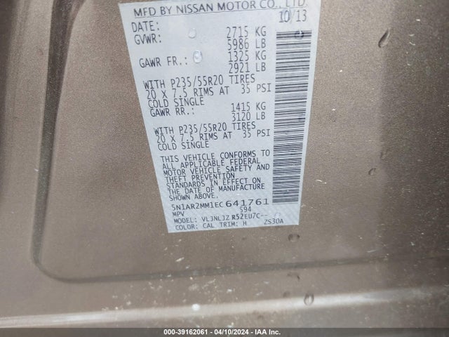 Nissan Pathfinder Platinum 2014 5N1AR2MM1EC641761 Image 9