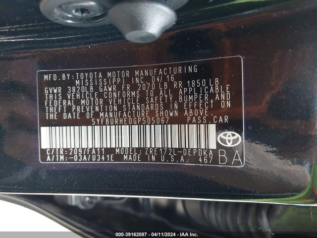 Toyota COROLLA L 2016 5YFBURHE0GP505067 Image 9