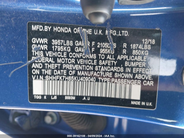 Honda CIVIC EX 2019 SHHFK7H65KU409040 Image 9