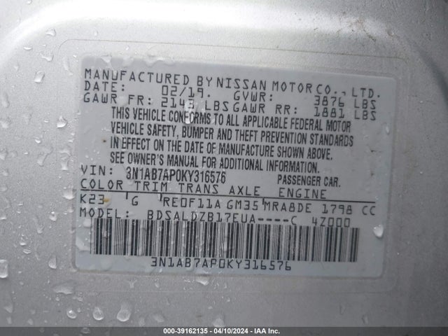 Nissan SENTRA SV 2019 3N1AB7AP0KY316576 Image 9