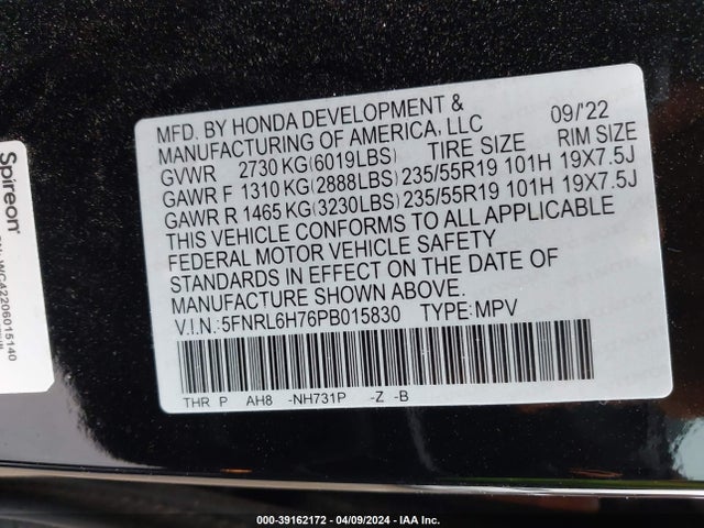 Honda Odyssey Sport 2023 5FNRL6H76PB015830 Image 9