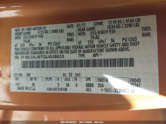 Ford Escape Titanium 2016 1FMCU0J97GUA38533 Image 9
