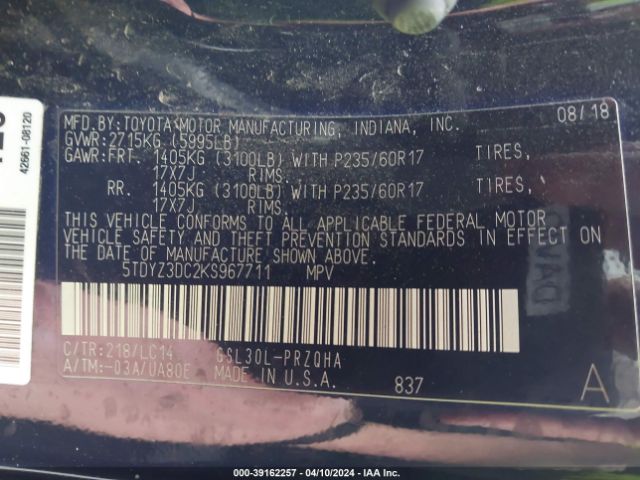 5TDYZ3DC2KS967711 Toyota Sienna Xle Premium 8 Passenger