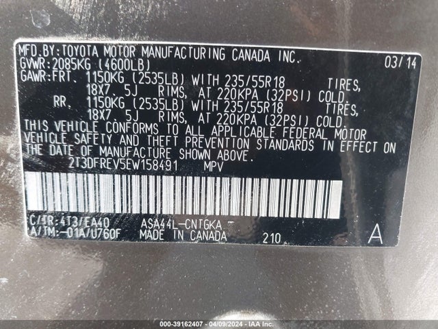 Toyota Rav4 Limited 2014 2T3DFREV5EW158491 Image 9
