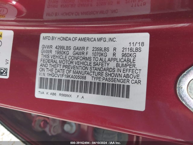 Honda ACCORD LX 2019 1HGCV1F19KA005068 Image 9