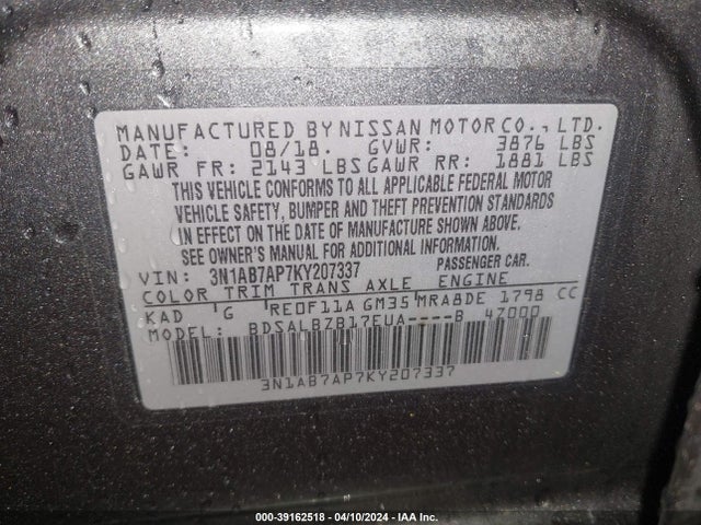 Nissan SENTRA S 2019 3N1AB7AP7KY207337 Image 9