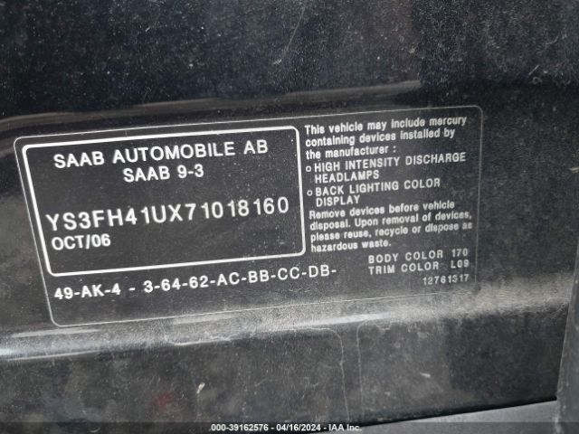 2007 SAAB 9-3 YS3FH41UX71018160 Photo 8