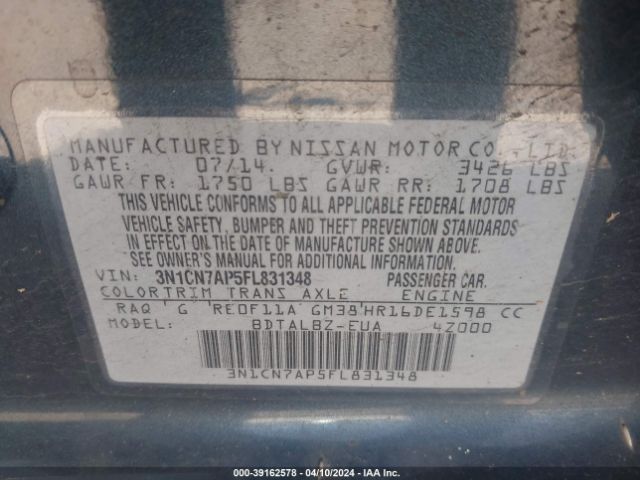 3N1CN7AP5FL831348 Nissan Versa 1.6 Sv