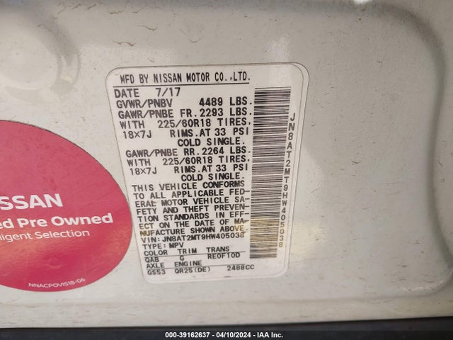 Nissan Rogue Sl 2017 JN8AT2MT9HW405038 Image 9