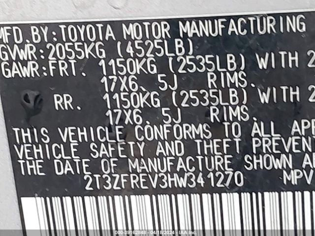 2T3ZFREV3HW341270 Toyota RAV4 LE