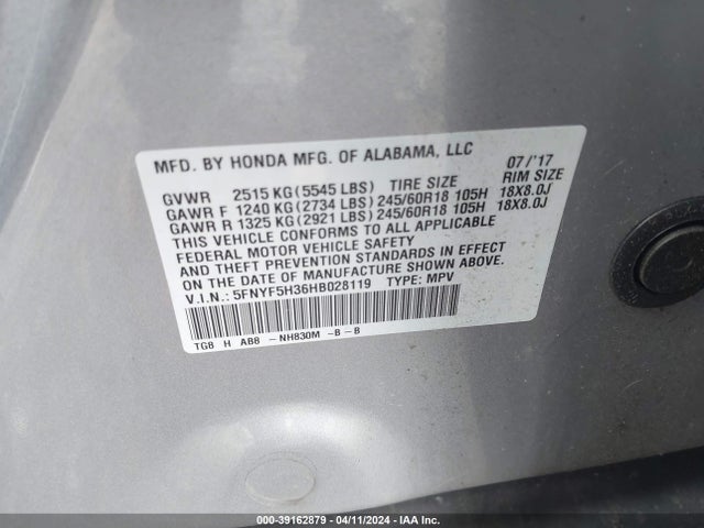 Honda Pilot Ex 2017 5FNYF5H36HB028119 Image 9