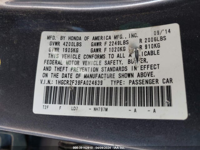 Honda ACCORD LX 2015 1HGCR2F39FA024639 Image 9