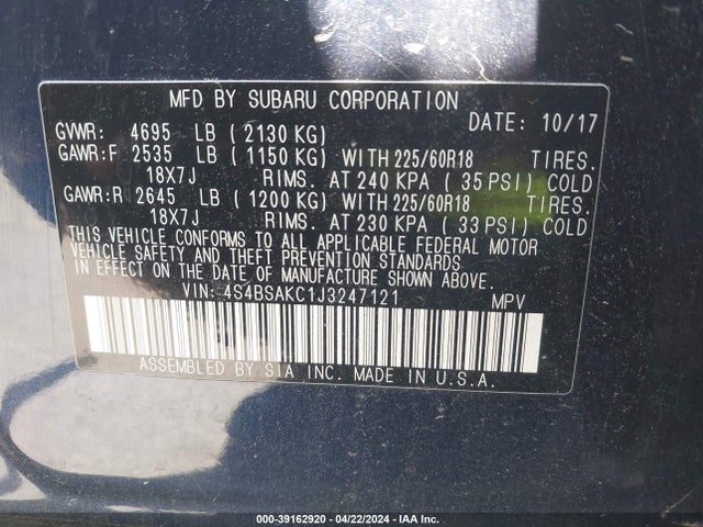 Subaru Outback 2.5i Limited 2018 4S4BSAKC1J3247121 Image 9
