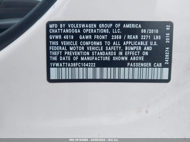 Volkswagen Passat 1.8t S 2015 1VWAT7A38FC104222 Image 9