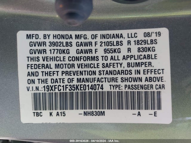 Honda CIVIC EX 2019 19XFC1F35KE014074 Image 9
