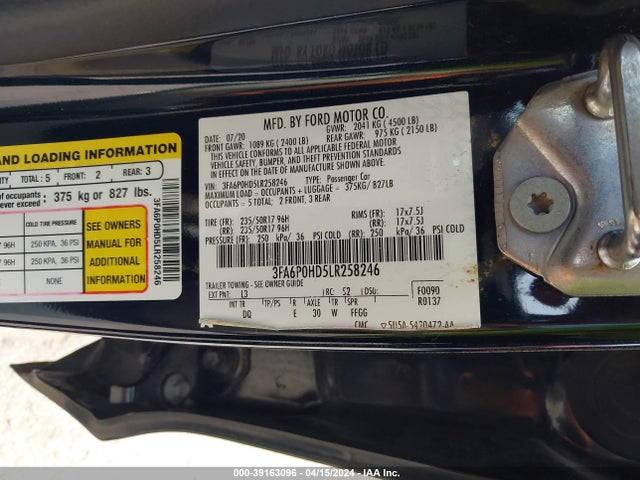 Ford FUSION SE 2020 3FA6P0HD5LR258246 Image 9