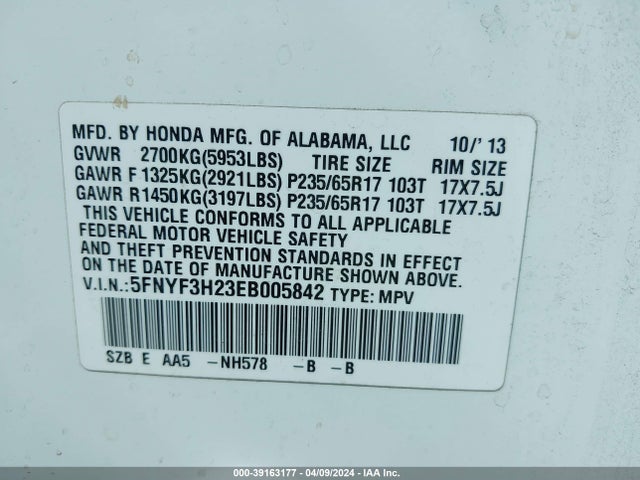 Honda PILOT LX 2014 5FNYF3H23EB005842 Image 9