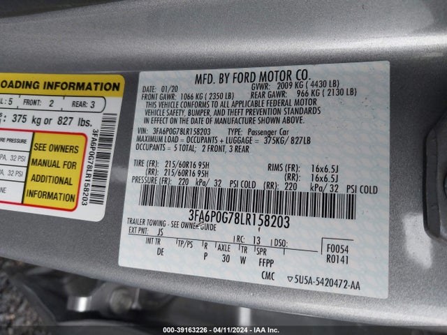 Ford FUSION S 2020 3FA6P0G78LR158203 Image 9