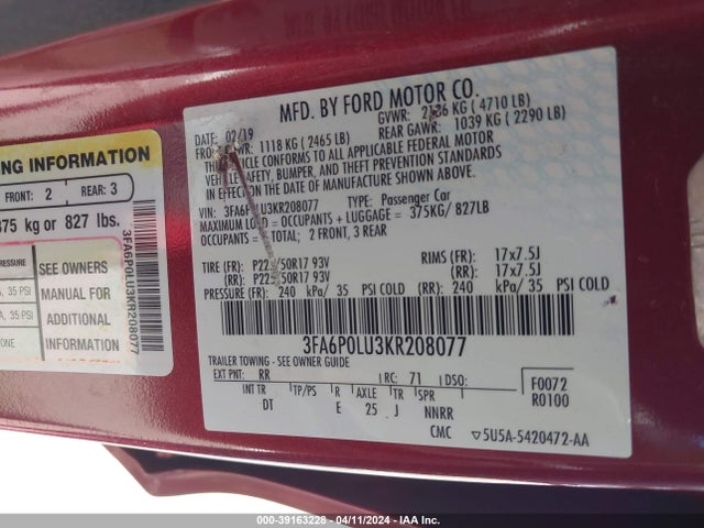 Ford Fusion Hybrid Se 2019 3FA6P0LU3KR208077 Image 9
