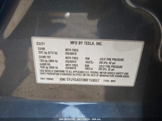 5YJYGAEE9MF159857 Tesla Model Y Long Range Dual Motor All-wheel Drive