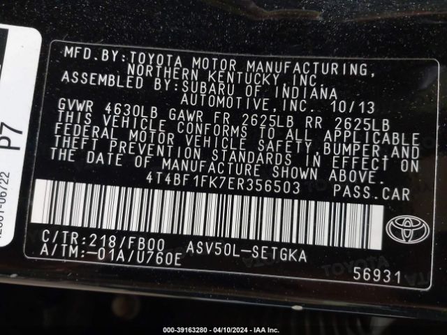 4T4BF1FK7ER356503 Toyota CAMRY XLE