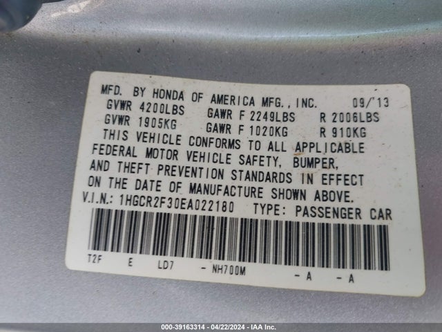 Honda ACCORD LX 2014 1HGCR2F30EA022180 Image 9