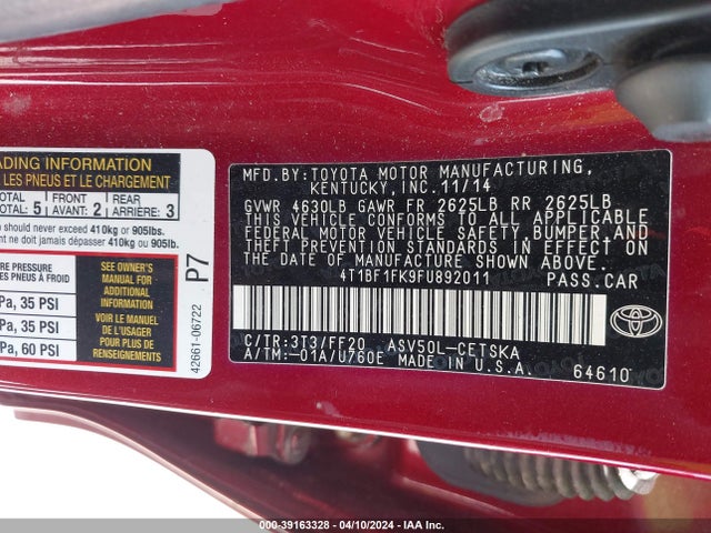 Toyota CAMRY SE 2015 4T1BF1FK9FU892011 Image 9