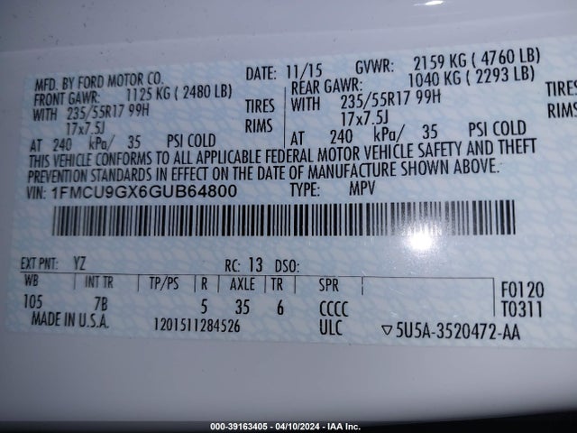 Ford ESCAPE SE 2016 1FMCU9GX6GUB64800 Image 9
