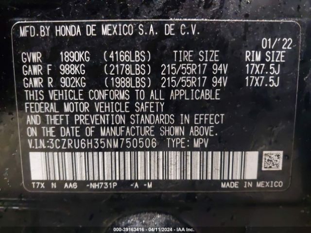 3CZRU6H35NM750506 Honda Hr-v Awd Lx