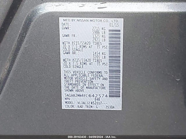 Nissan Pathfinder Platinum 2015 5N1AR2MN4FC642574 Image 9