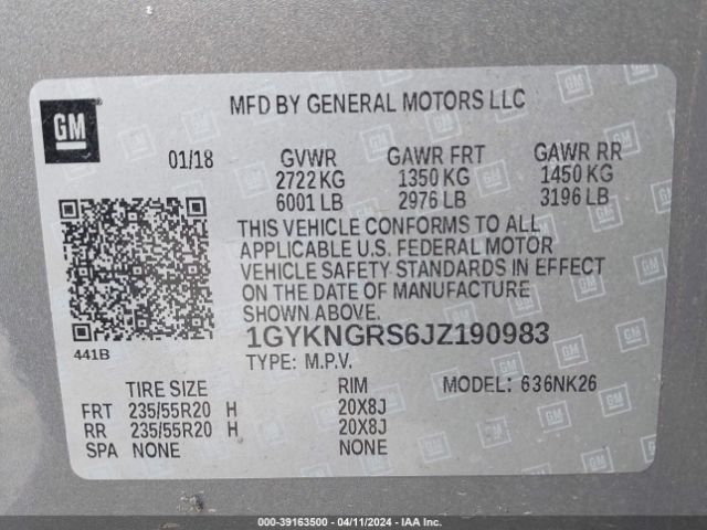 1GYKNGRS6JZ190983 Cadillac Xt5 Platinum