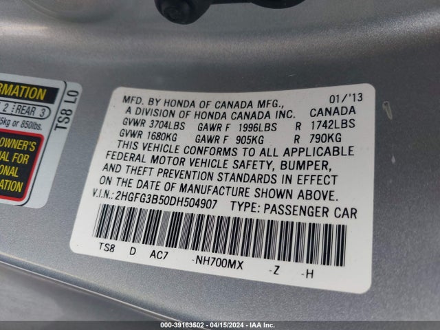 Aukcja sprzedaży 2013 Honda Civic Lx, vin: 2HGFG3B50DH504907, numer aukcji: 39163502