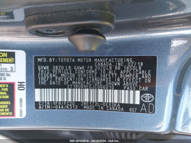 2T1BURHE0JC066010 Toyota COROLLA SE